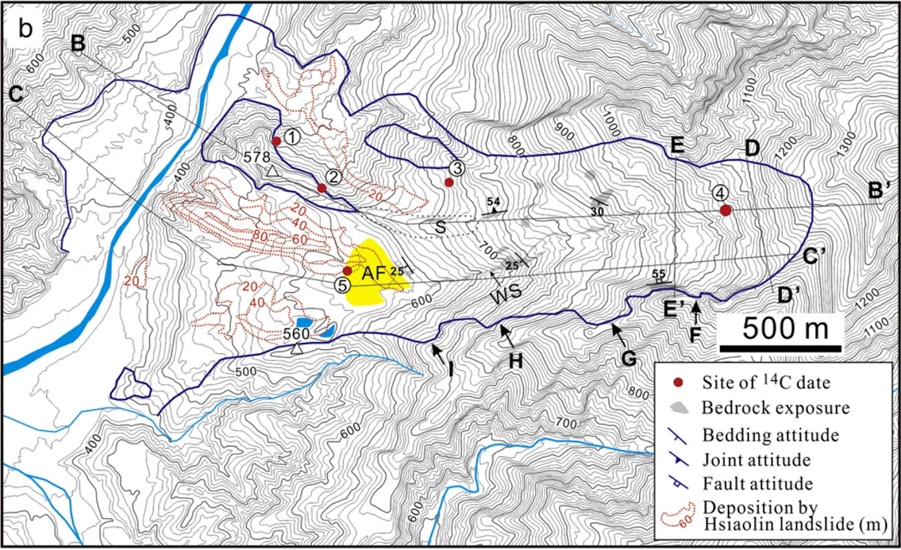 Map of topography and sediment thickness after the Hsiao-Lin landslide.