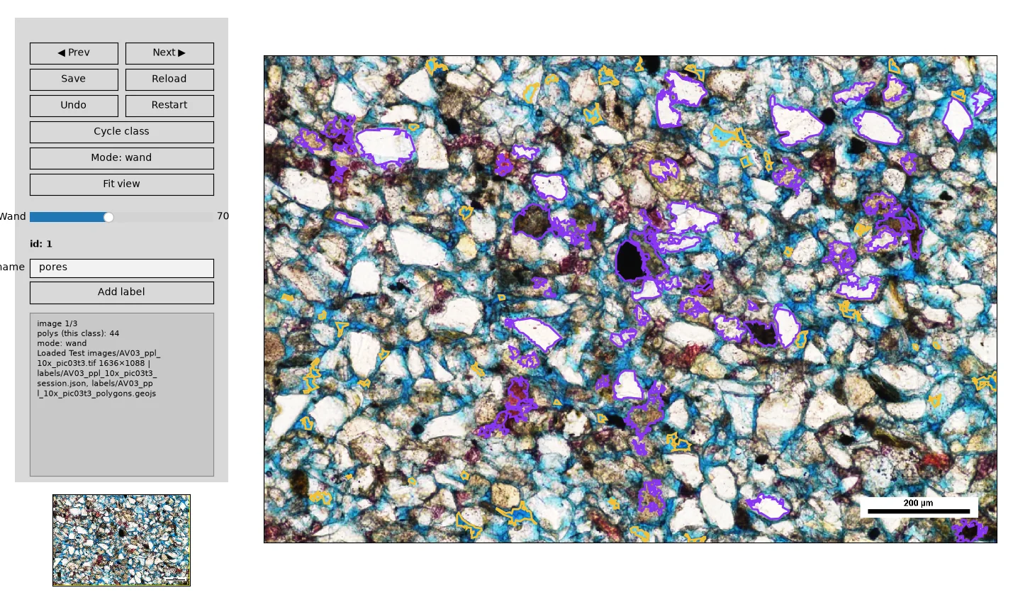 Hand-label window on a plane-polarized thin-section photo